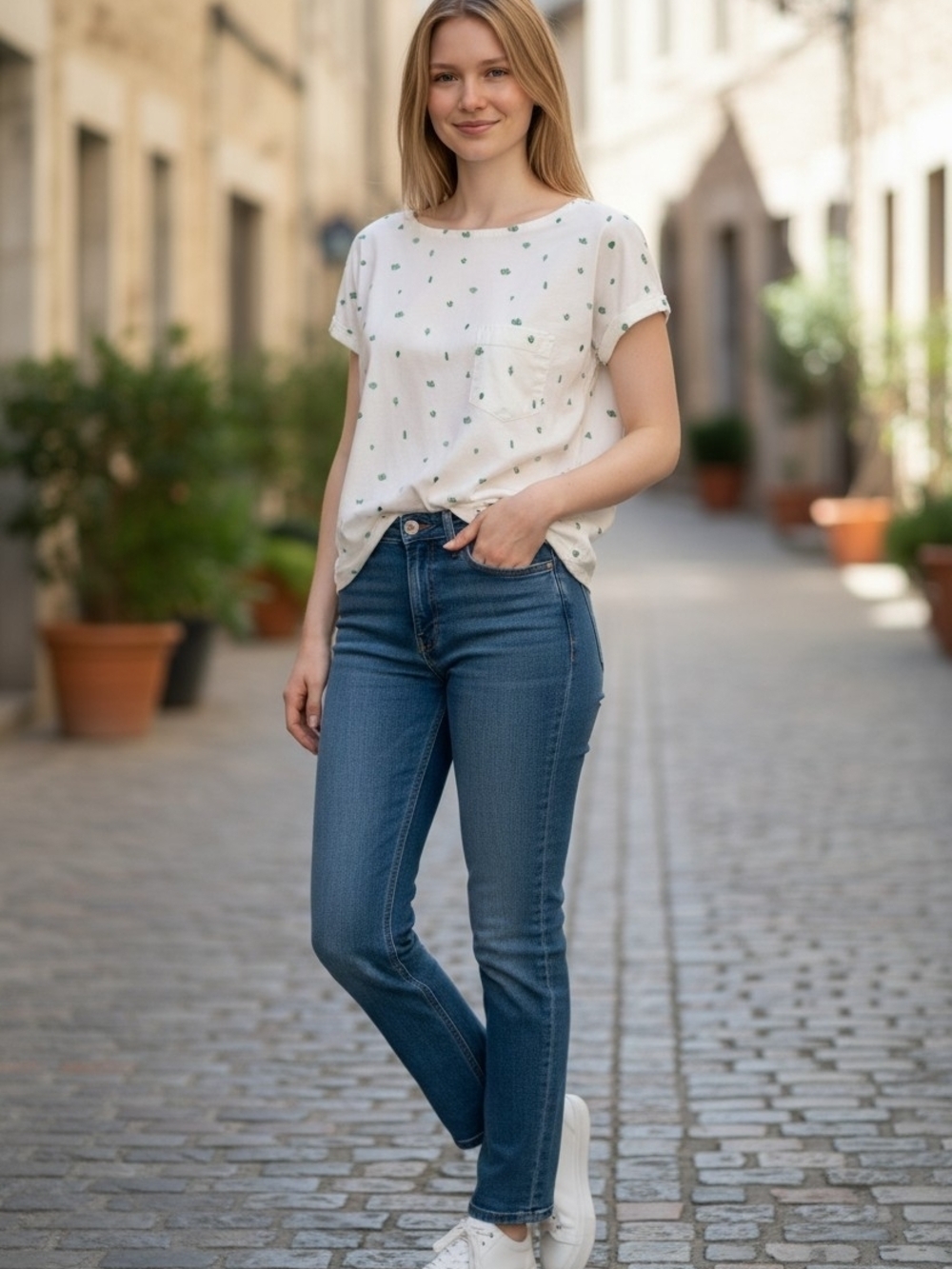 Mullusk White Short-Sleeve Pocket Blouse with Green Embroidered Accents